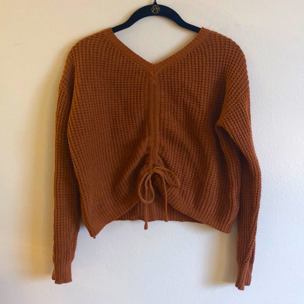 Burnt Orange Crop Tie Front Sweater